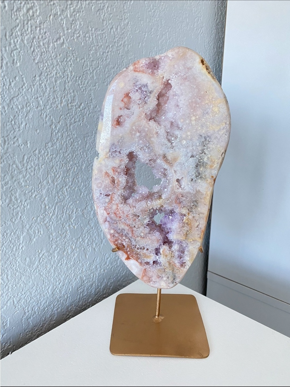 Decorative Pink Amethyst Geode Sculpture on Gold Stand -